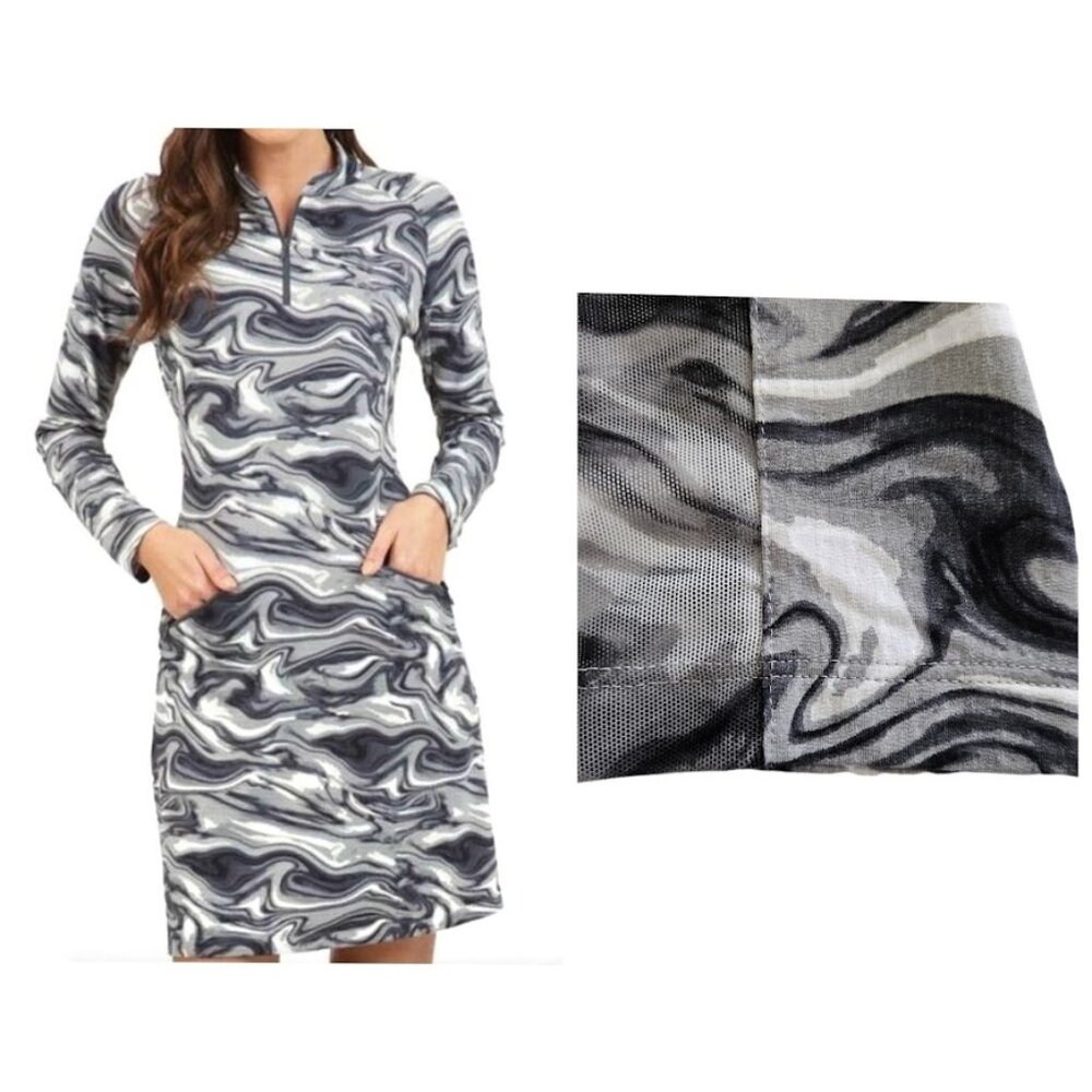 IBKUL Devin Long Sleeve Mock Zip Dress Black Gray White Swirl M